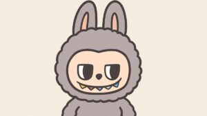 Secret Labubu cartoon with grey fur and mischievous rainbow teeth