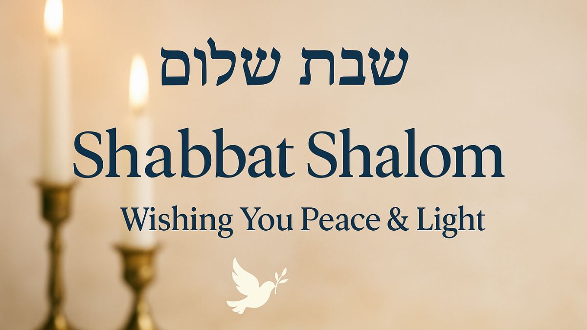 Shabbat Shalom in Hebrew and English with candles and peace dove