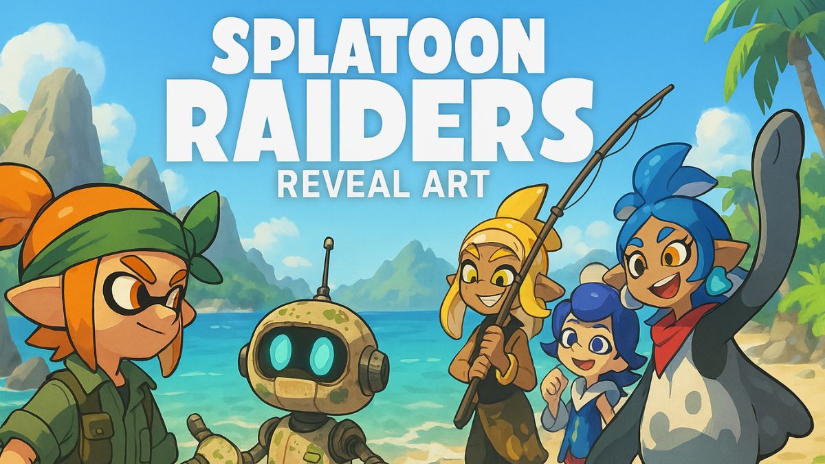 Fan art of Splatoon Raiders characters on a tropical beach