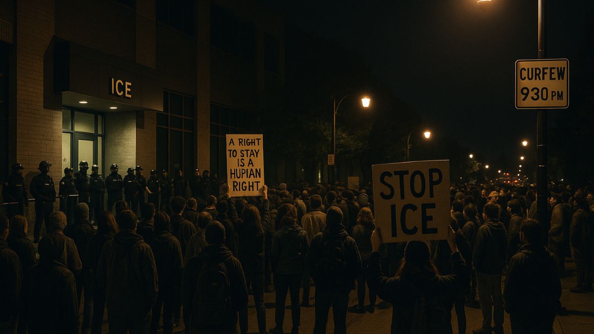 Spokane downtown protest against ICE at night under streetlights