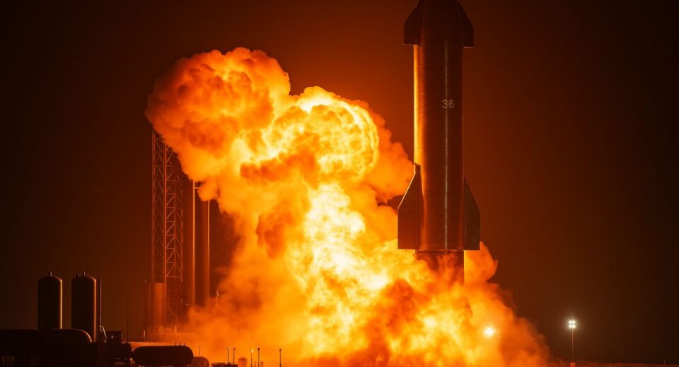 Starship 36 explosion lighting up Starbase night sky