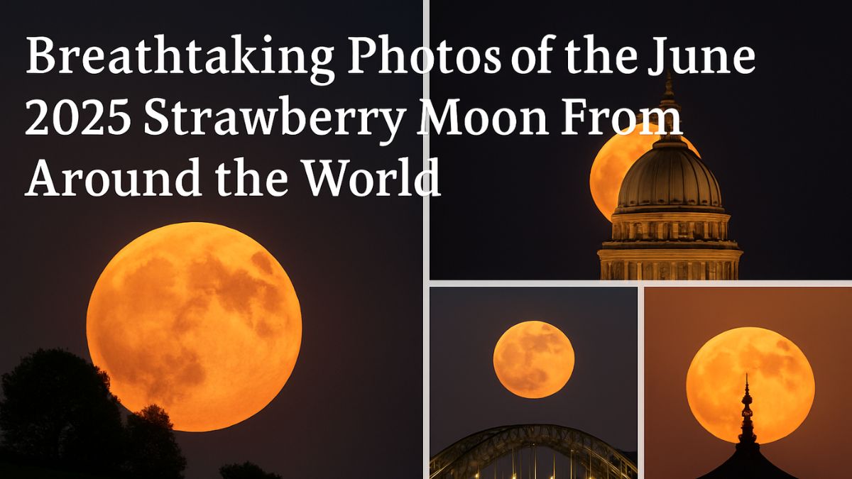 June 2025 Strawberry Moon glowing in golden hues over iconic global landmarks