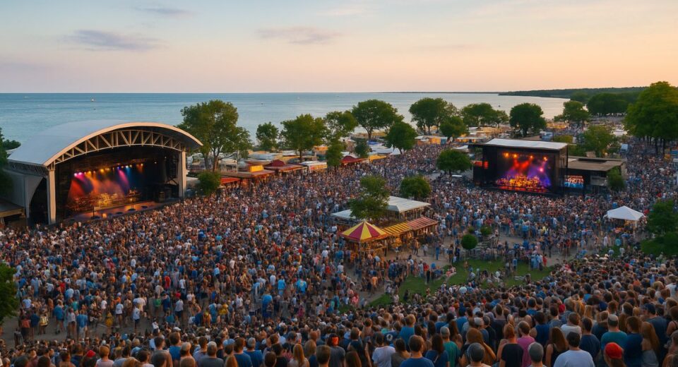 A packed crowd enjoying live music at Summerfest 2025 on the Milwaukee lakefront at sunset.