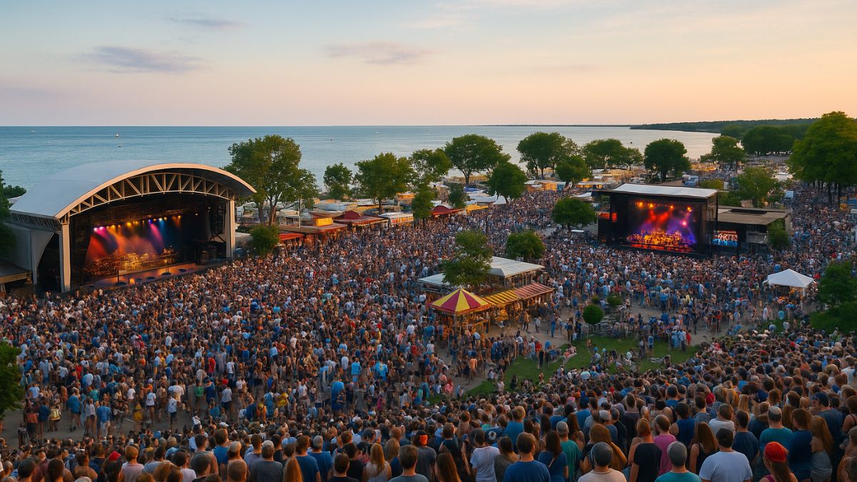 A packed crowd enjoying live music at Summerfest 2025 on the Milwaukee lakefront at sunset.
