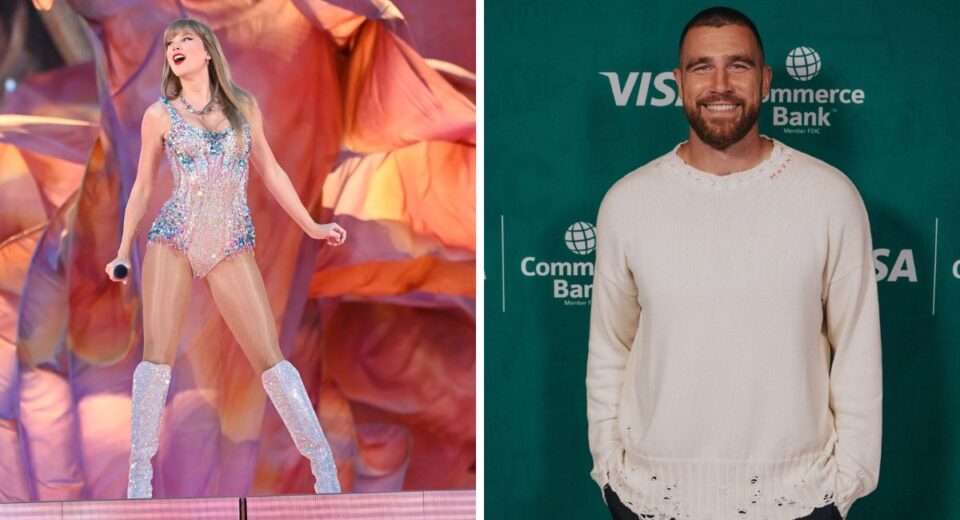 Taylor Swift performing on stage and Travis Kelce smiling at a media event