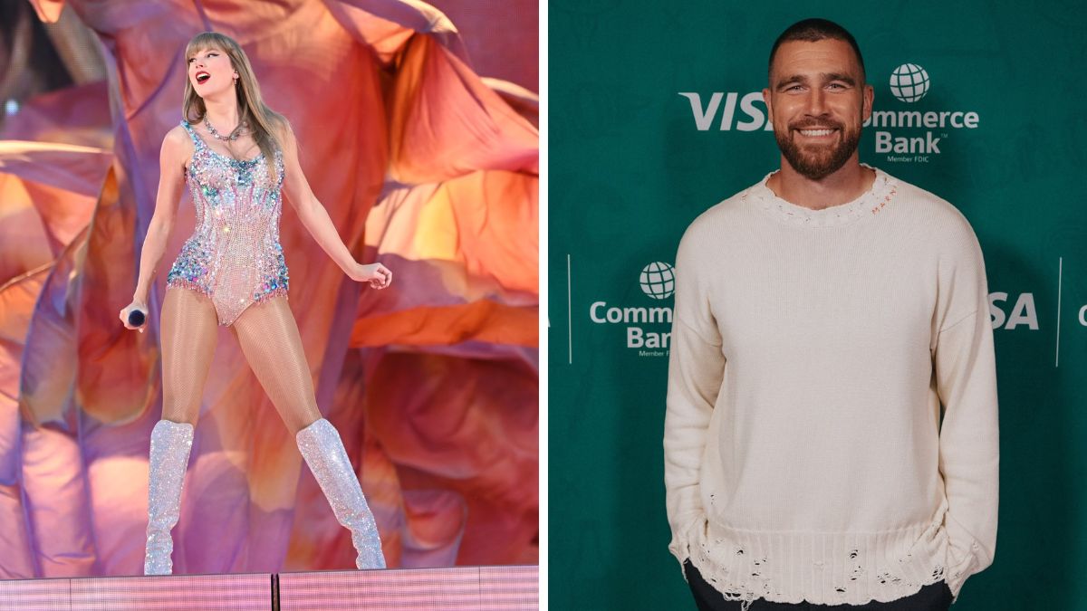 Taylor Swift performing on stage and Travis Kelce smiling at a media event