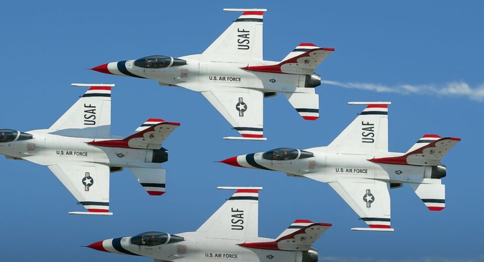 Thunderbirds flying in formation at Tinker Air Force Base