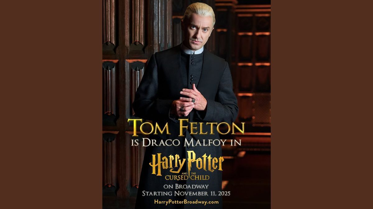 Tom Felton dressed as Draco Malfoy in a promotional poster for Harry Potter and the Cursed Child on Broadway