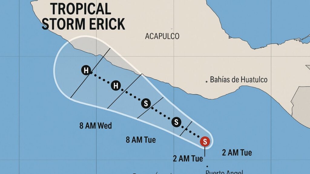 Forecast cone map of Tropical Storm Erick approaching Mexico