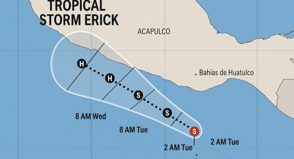 Forecast cone map of Tropical Storm Erick approaching Mexico