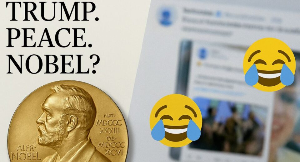 Nobel Peace Prize medal beside a laughing emoji and blurry Twitter feed