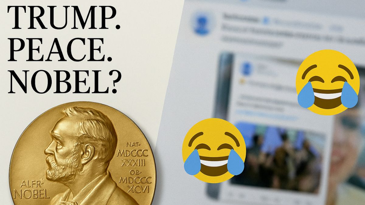 Nobel Peace Prize medal beside a laughing emoji and blurry Twitter feed