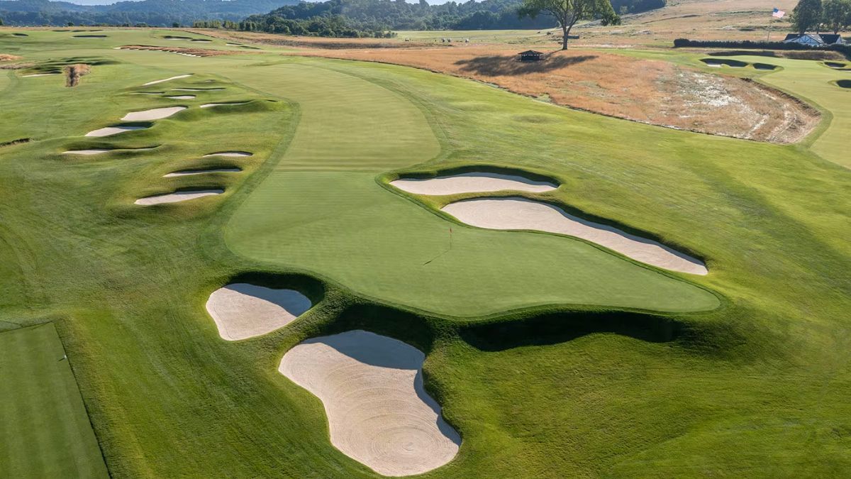 Aerial view of Oakmont Country Club green and bunkers during the 2025 U.S. Open