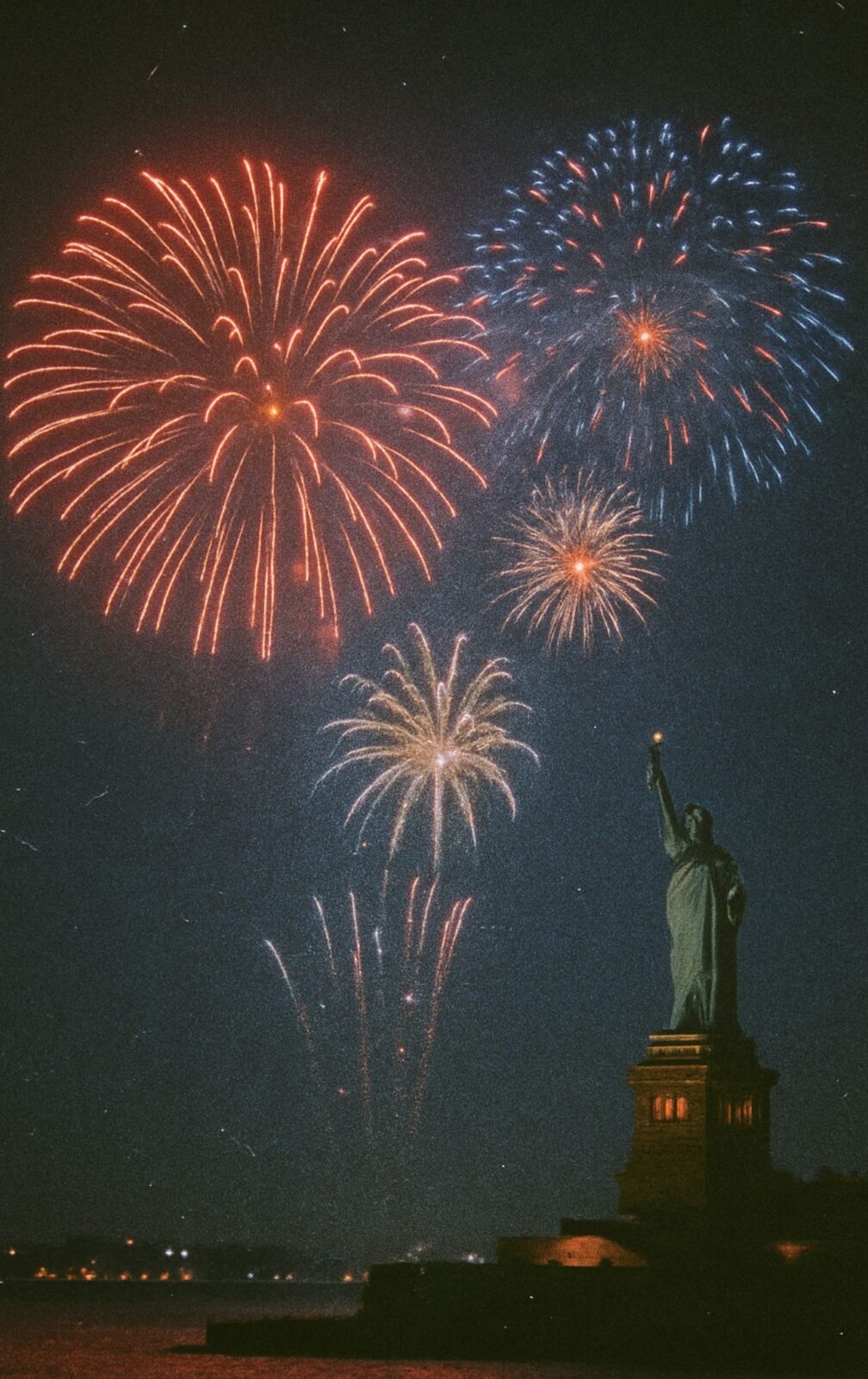 Statue of Liberty fireworks with film grain and vintage filter for 4th of July