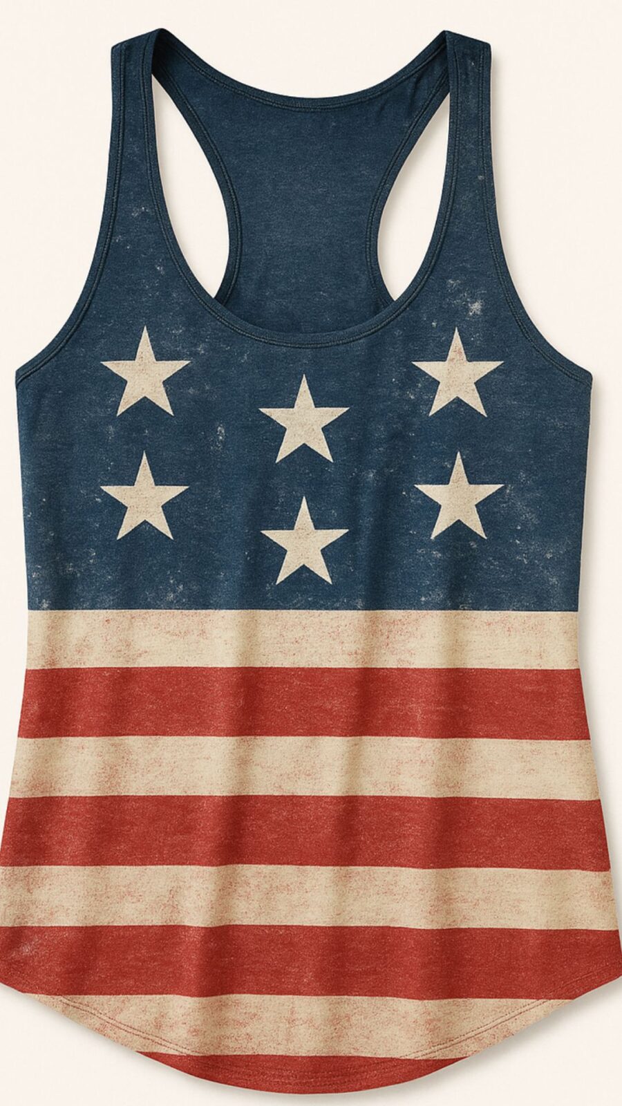Sleeveless vintage-style racerback tank top with American flag print