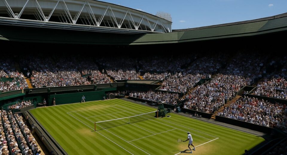Wimbledon 2025 Centre Court match under blue skies