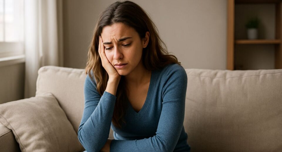 Woman sitting alone on a couch looking emotionally drained