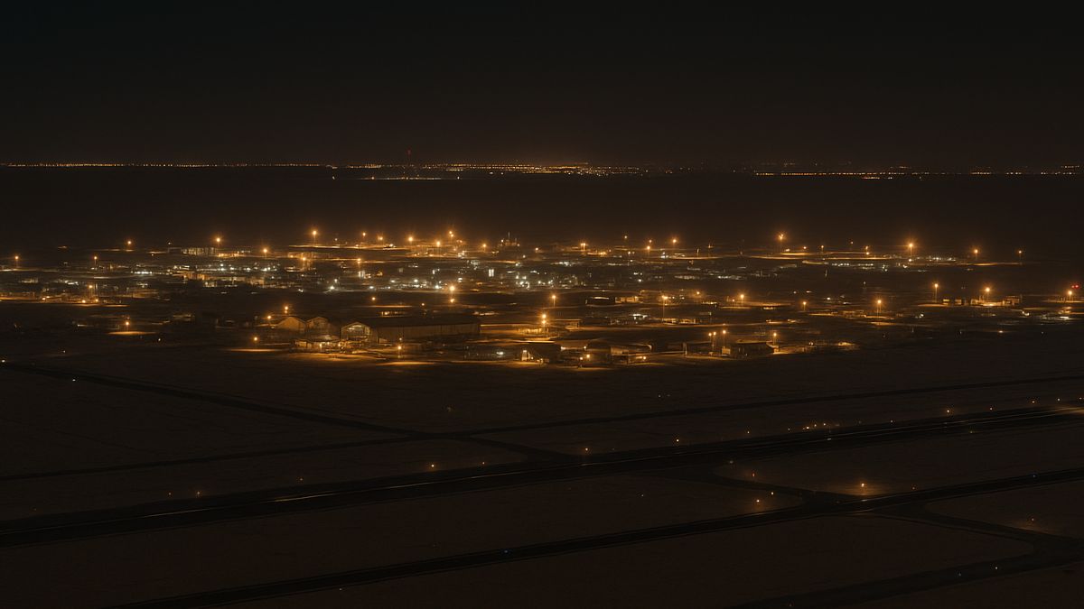 Aerial night view of Al Udeid Air Base in Qatar, illuminated under desert skies