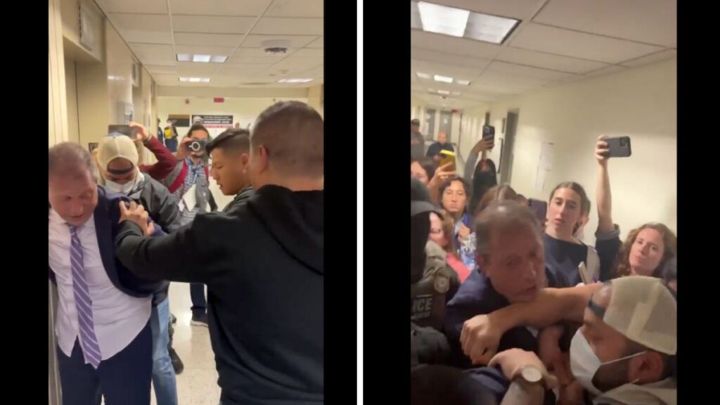 Brad Lander being restrained by ICE agents during a tense hallway encounter at NYC immigration court