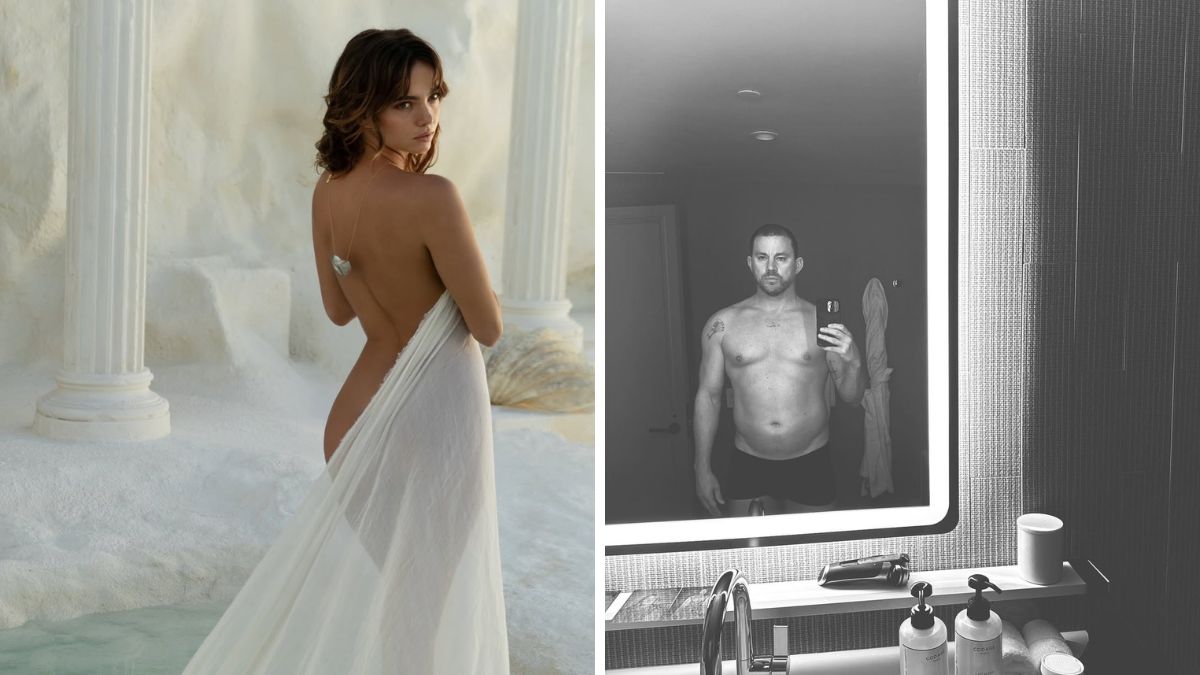 Inka Williams in a white drape and Channing Tatum shirtless in a mirror selfie