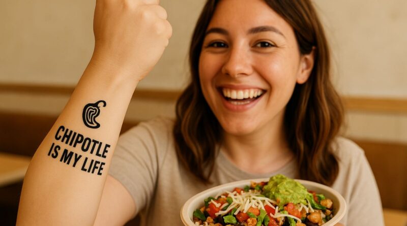 A cheerful young woman shows a “CHIPOTLE IS MY LIFE” tattoo while holding a Chipotle burrito bowl