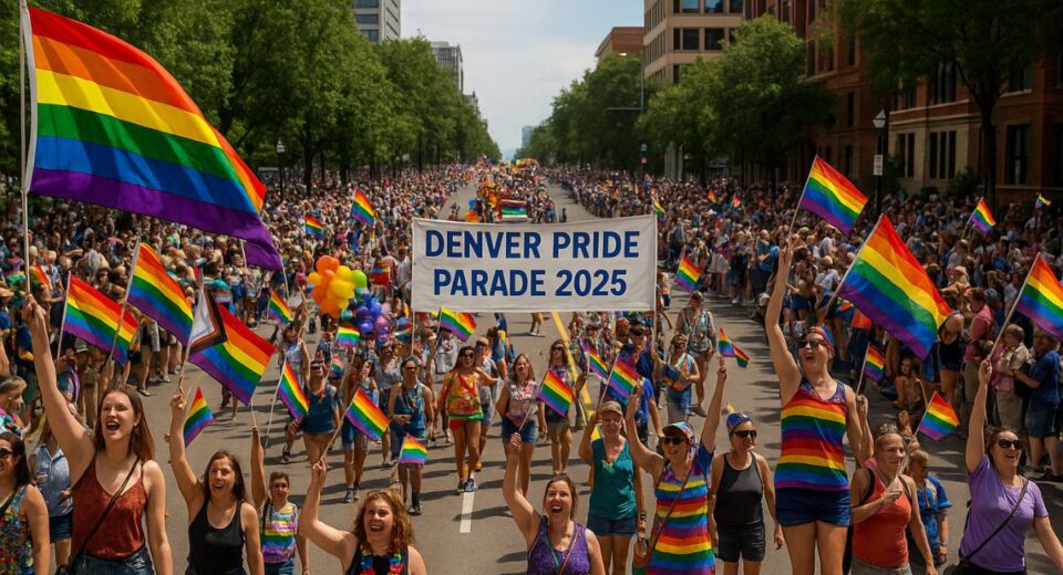 Colorful crowd at Denver Pride Parade 2025 waving rainbow flags