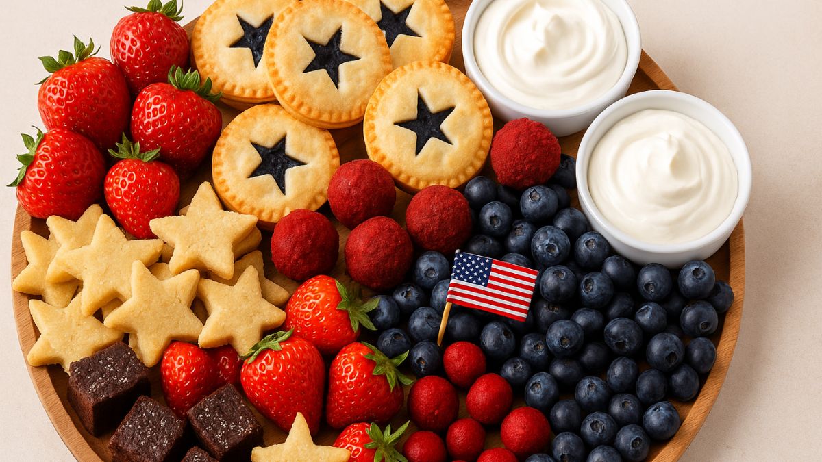 Patriotic dessert charcuterie board with strawberries, blueberries, mini pies, cookies, and whipped cream