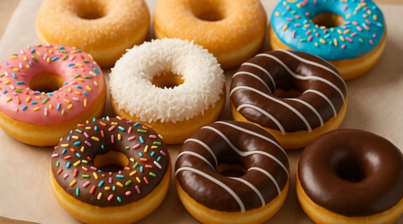 A Dunkin’ Donuts box with colourful doughnuts on a table