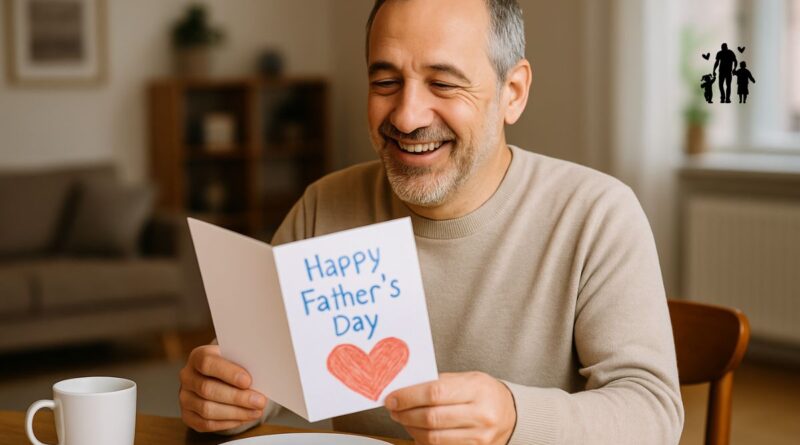Smiling father reading a handmade Father's Day card at breakfast