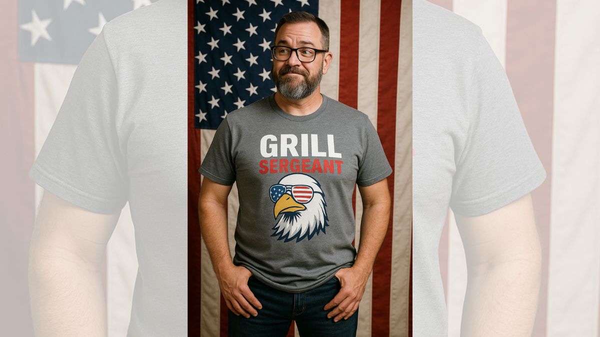 Grill Sergeant T-shirt with eagle graphic and American flag glasses worn by man for Fourth of July 2025