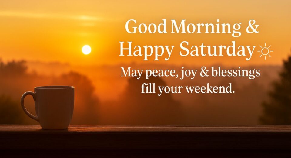 Saturday morning blessing image with sunrise and coffee cup
