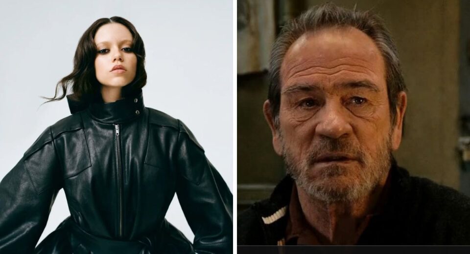 Jenna Ortega in black leather outfit next to a serious-looking Tommy Lee Jones