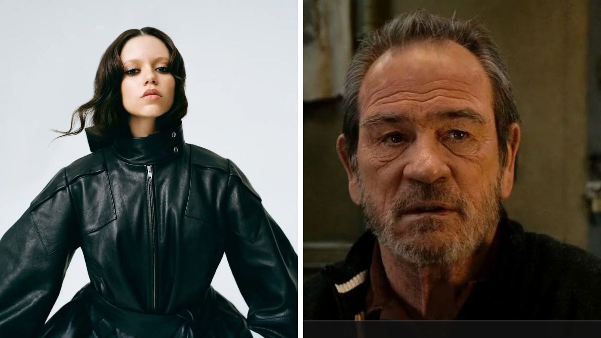Jenna Ortega in black leather outfit next to a serious-looking Tommy Lee Jones