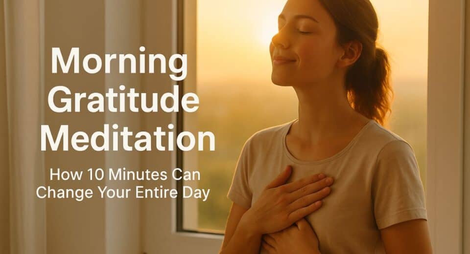 Woman meditating at sunrise with hands on heart, radiating calm