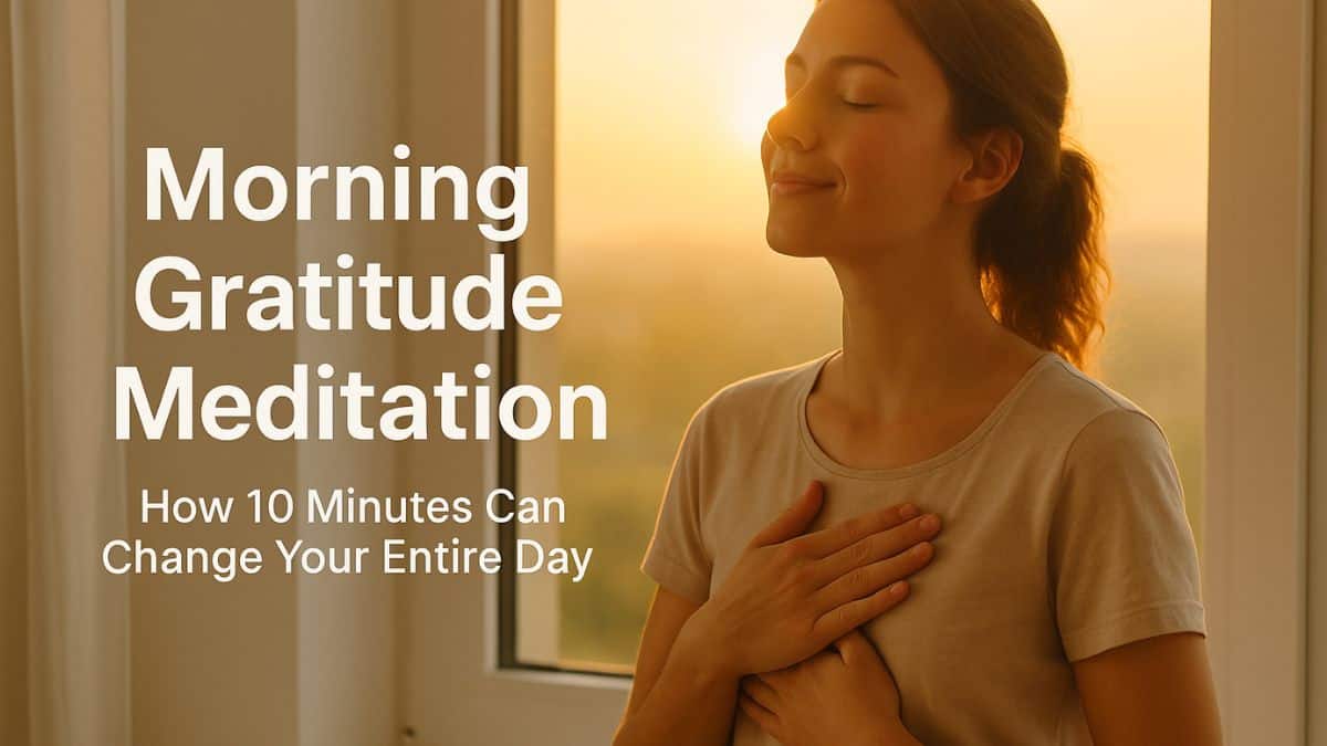 Woman meditating at sunrise with hands on heart, radiating calm