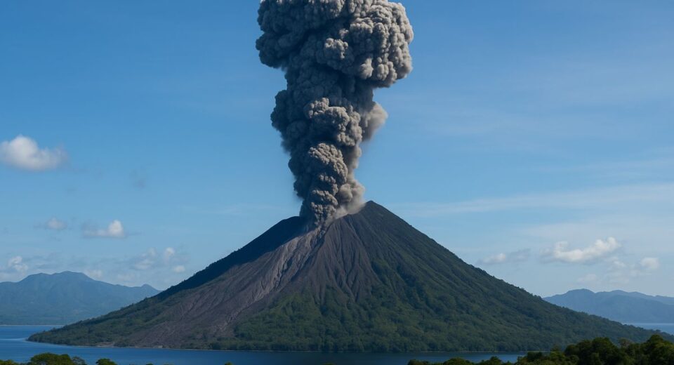 Ash plume rising over Mount Lewotobi Laki‑Laki volcano in Indonesia