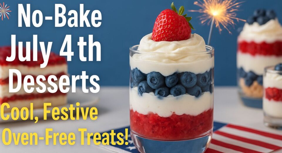 Patriotic no-bake Fourth of July desserts including red, white, and blue trifles, parfaits, and frozen pies.
