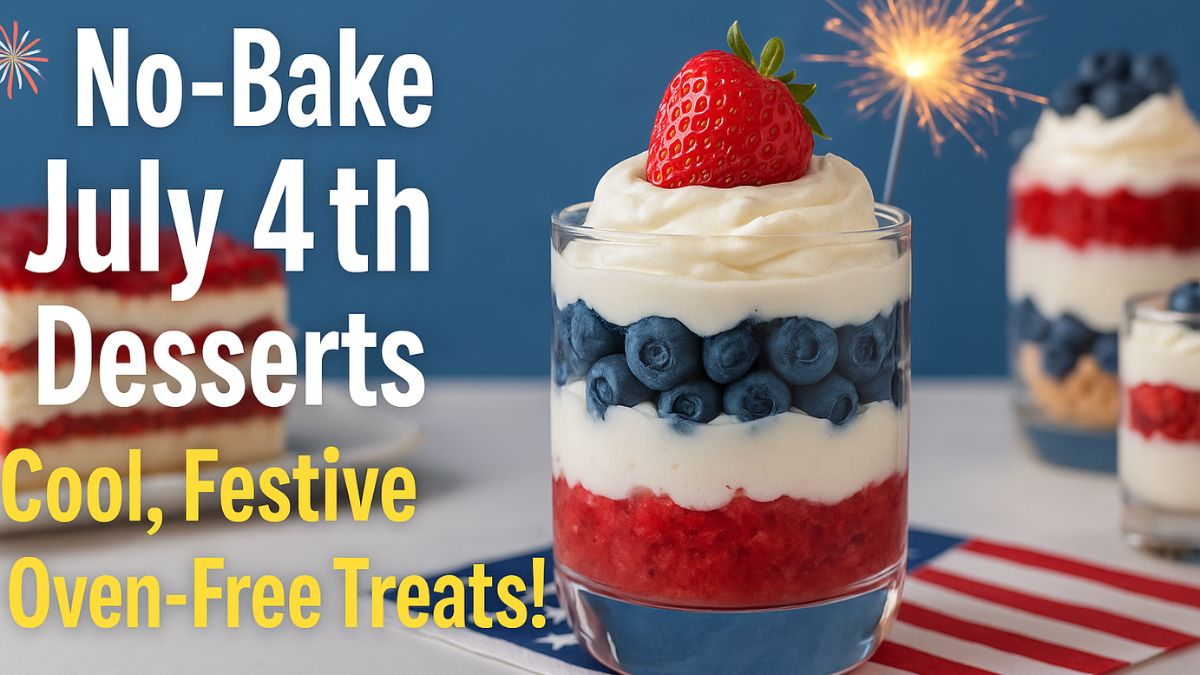 Patriotic no-bake Fourth of July desserts including red, white, and blue trifles, parfaits, and frozen pies.