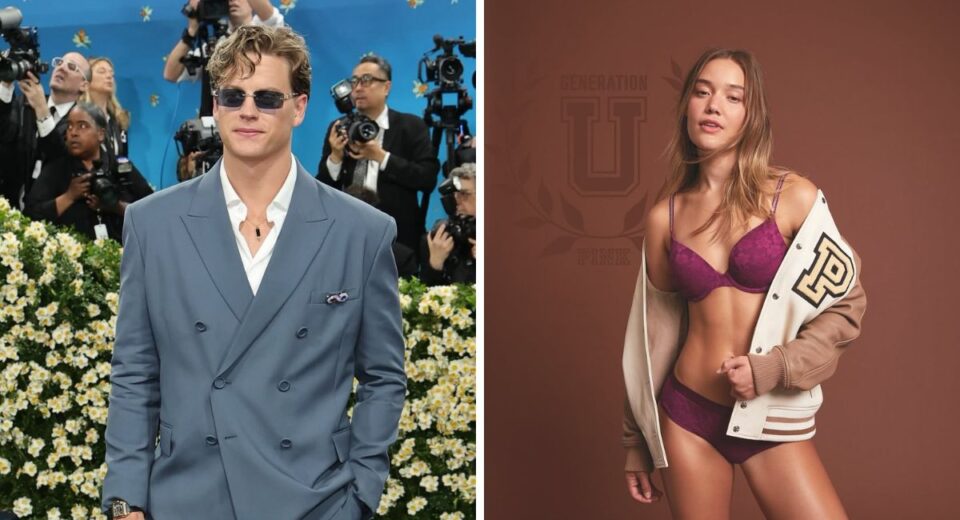 Joe Burrow in a blue suit at a public event, and Olivia Ponton posing in lingerie and varsity jacket