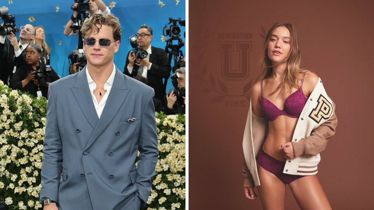 Joe Burrow in a blue suit at a public event, and Olivia Ponton posing in lingerie and varsity jacket