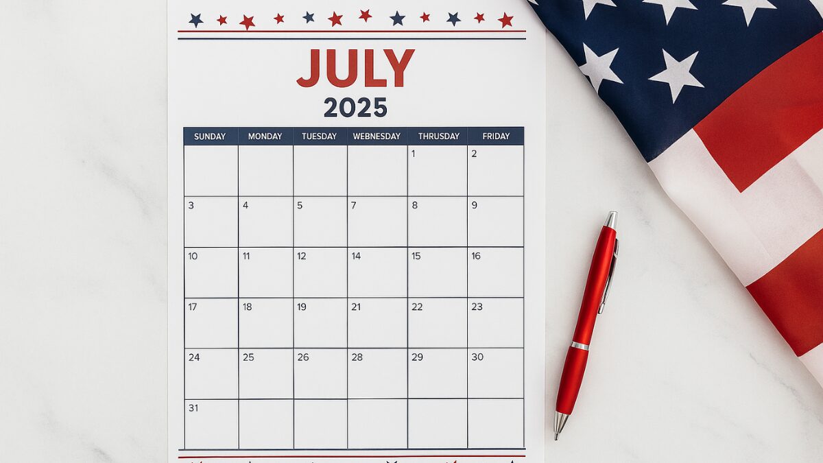 Patriotic printable July 2025 calendar with American flag and red pen