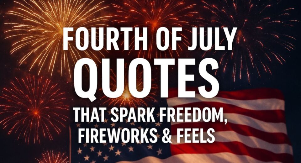 Fourth of July quote overlay on fireworks with American flag