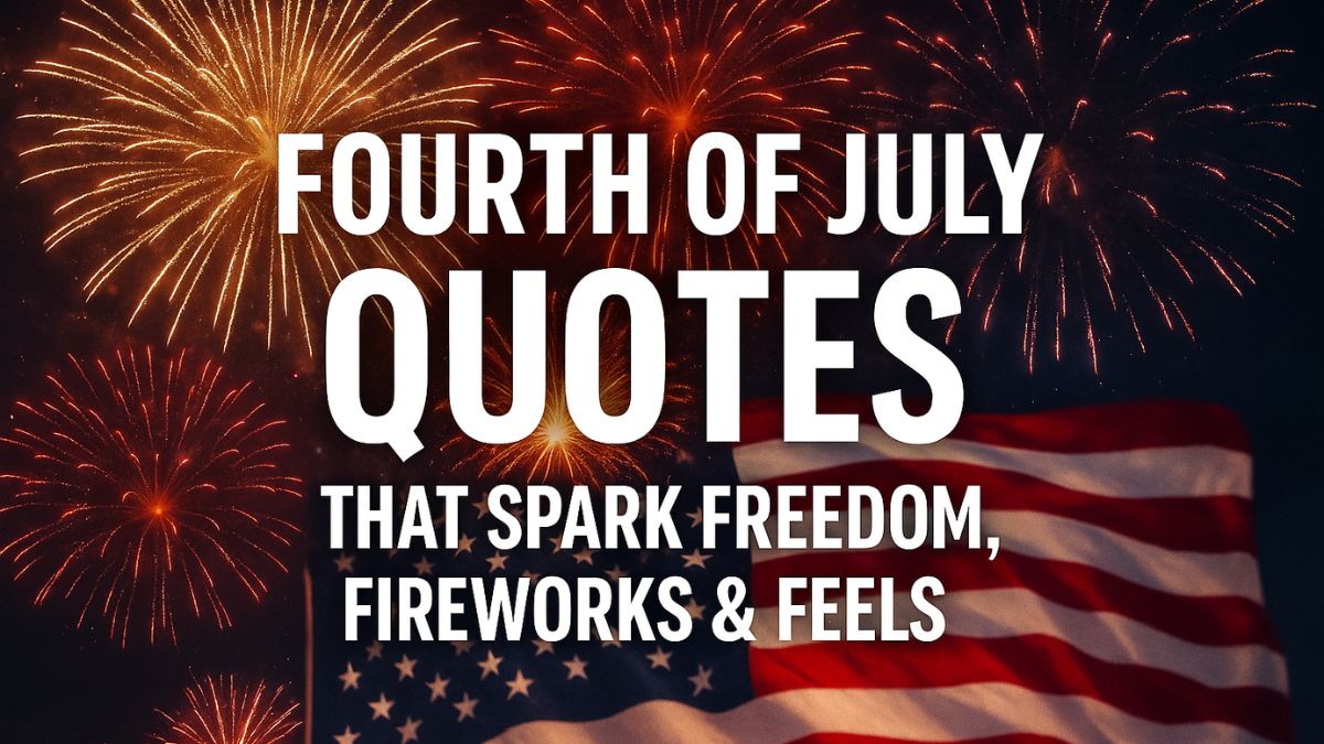 Fourth of July quote overlay on fireworks with American flag