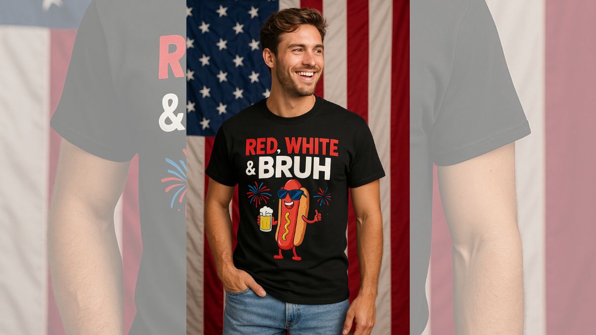 Funny Fourth of July shirt with hot dog cartoon and “Red, White & Bruh” slogan worn by young man