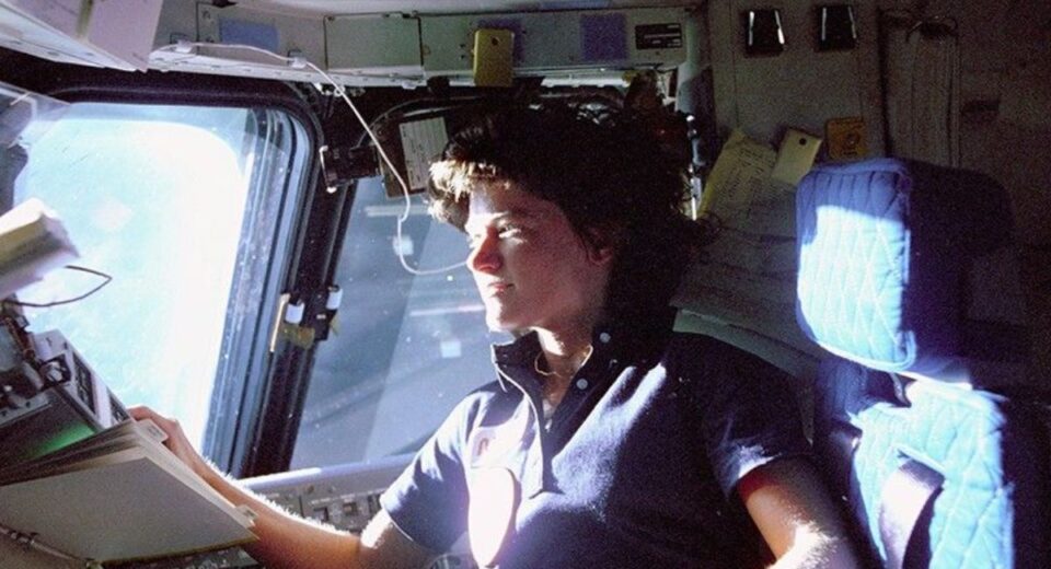 Sally Ride working aboard the space shuttle Challenger