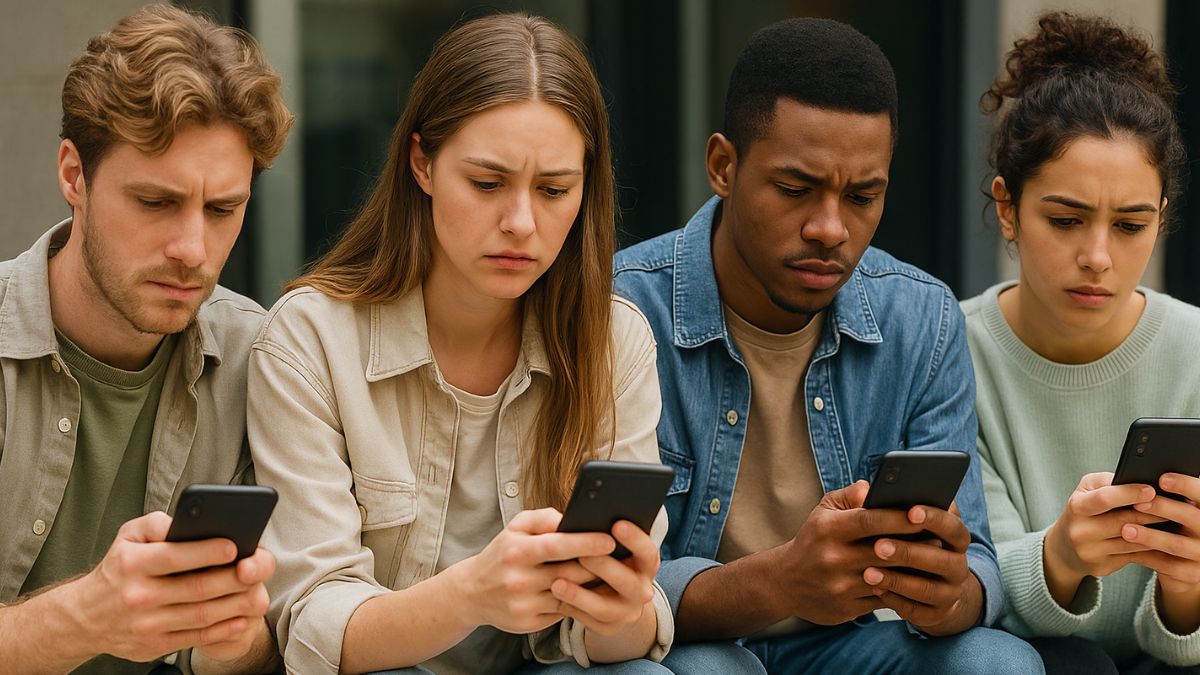 Young adults scrolling financial headlines with worried expressions