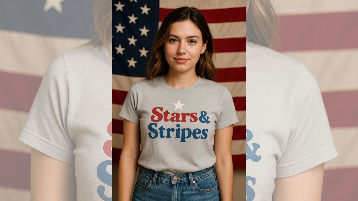 Stars and Stripes patriotic T-shirt for Fourth of July 2025 worn by young woman in front of American flag