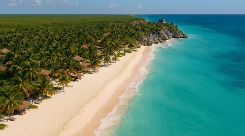 Aerial view of Tulum beach with turquoise water and palm trees