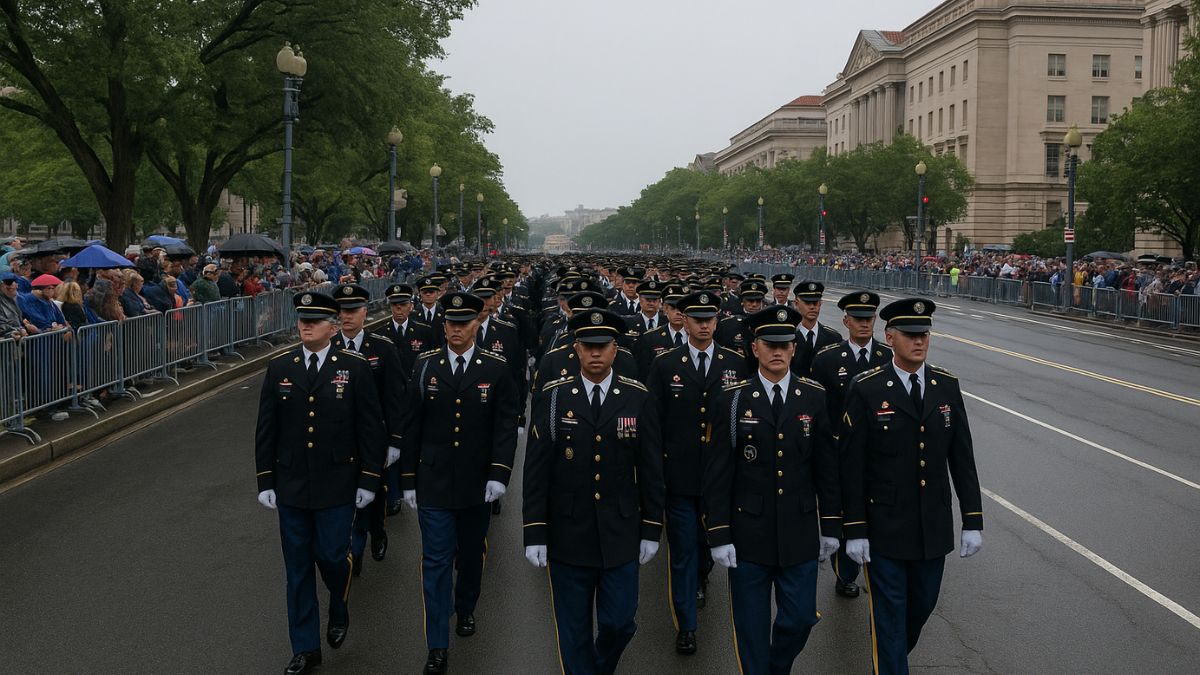 U.S. Army soldiers march in formation down Constitution Avenue during Trump’s 2025 military parade
