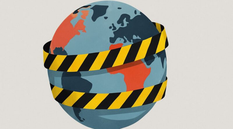 Stylized globe wrapped in caution tape representing global travel restrictions
